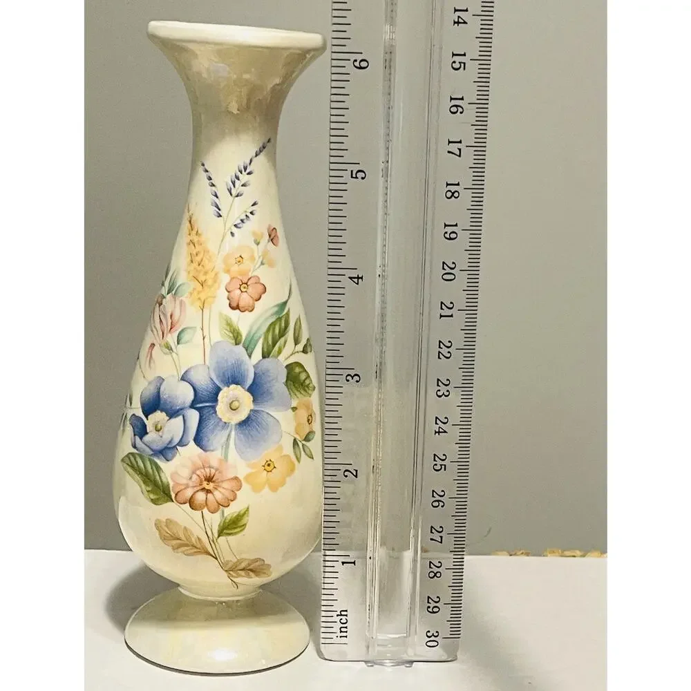 Vintage Mini Bud Vase Iridescent Pearl Lustre Painted Floral Pink Yellow Blue